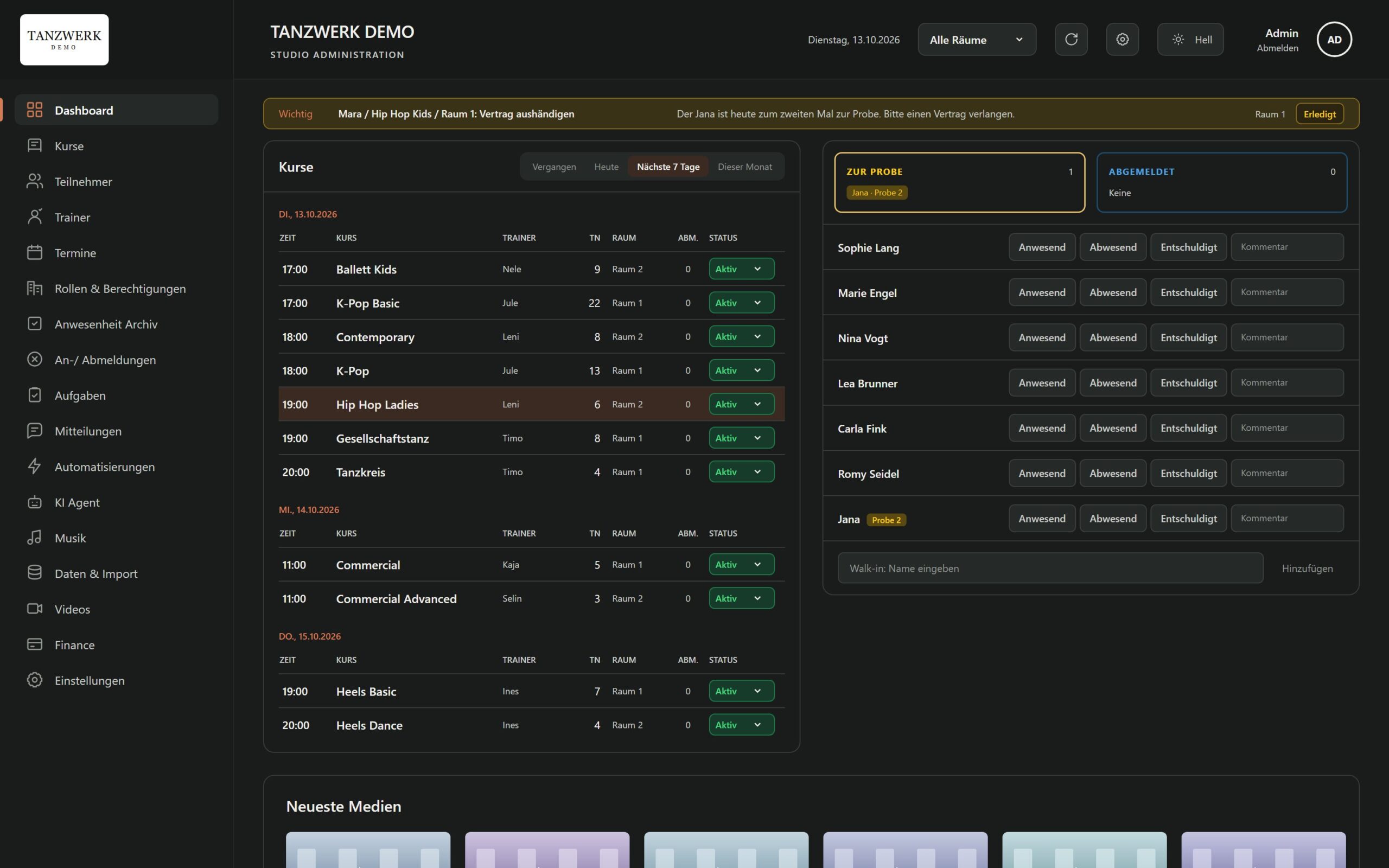 BestDanceSmart Screenshot – Dashboard mit Tagesübersicht (Demo-Daten)