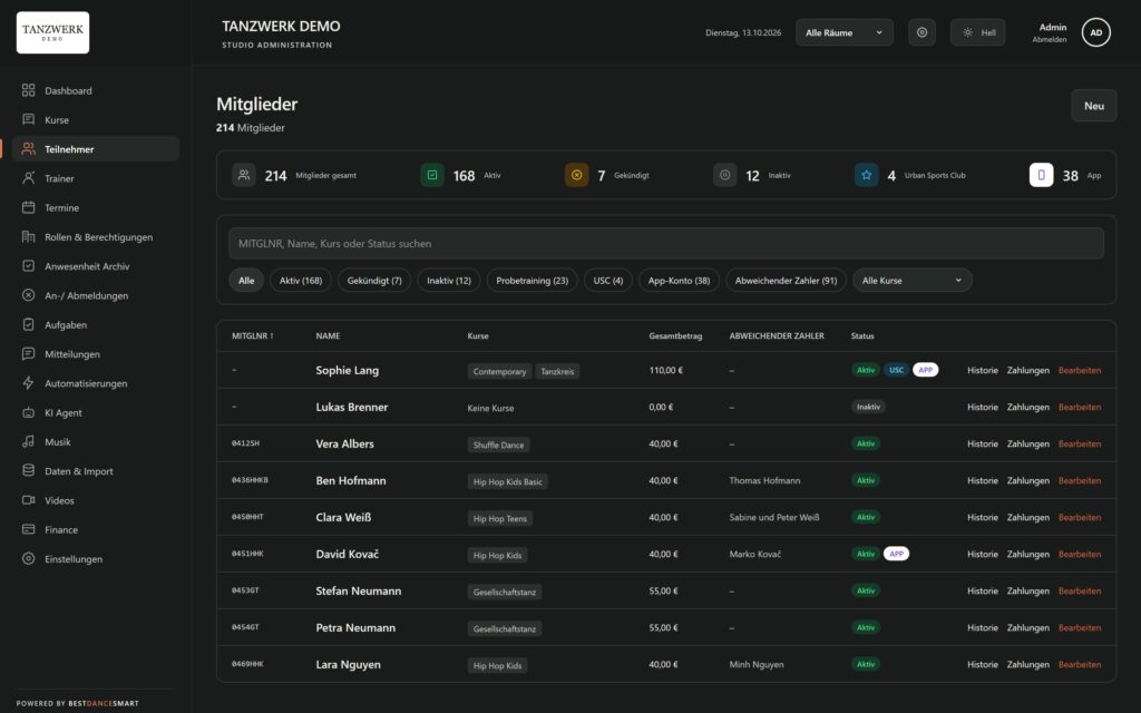 BestDanceSmart Screenshot – Mitgliederverwaltung (Demo-Daten)