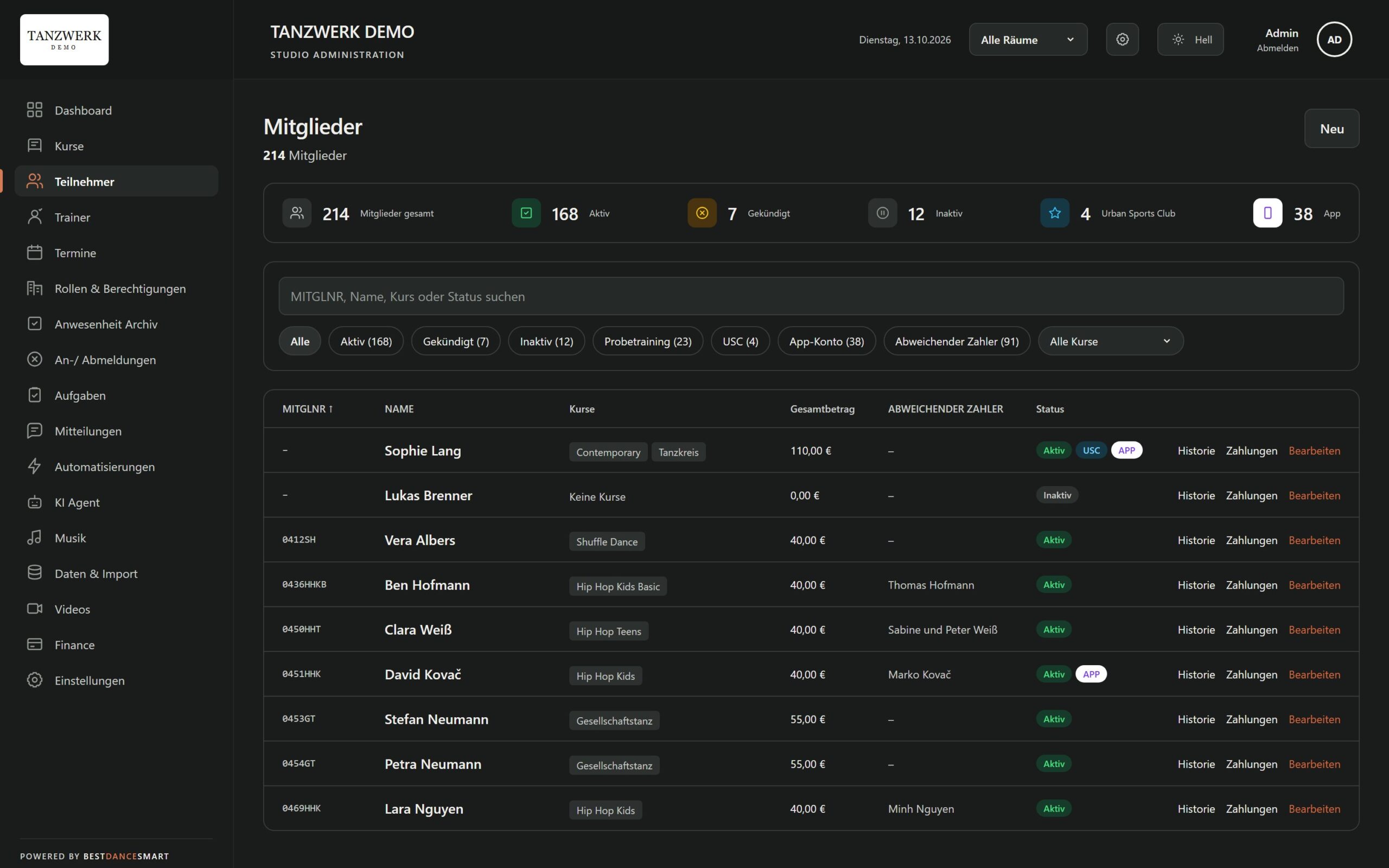 BestDanceSmart Screenshot – Mitgliederverwaltung (Demo-Daten)