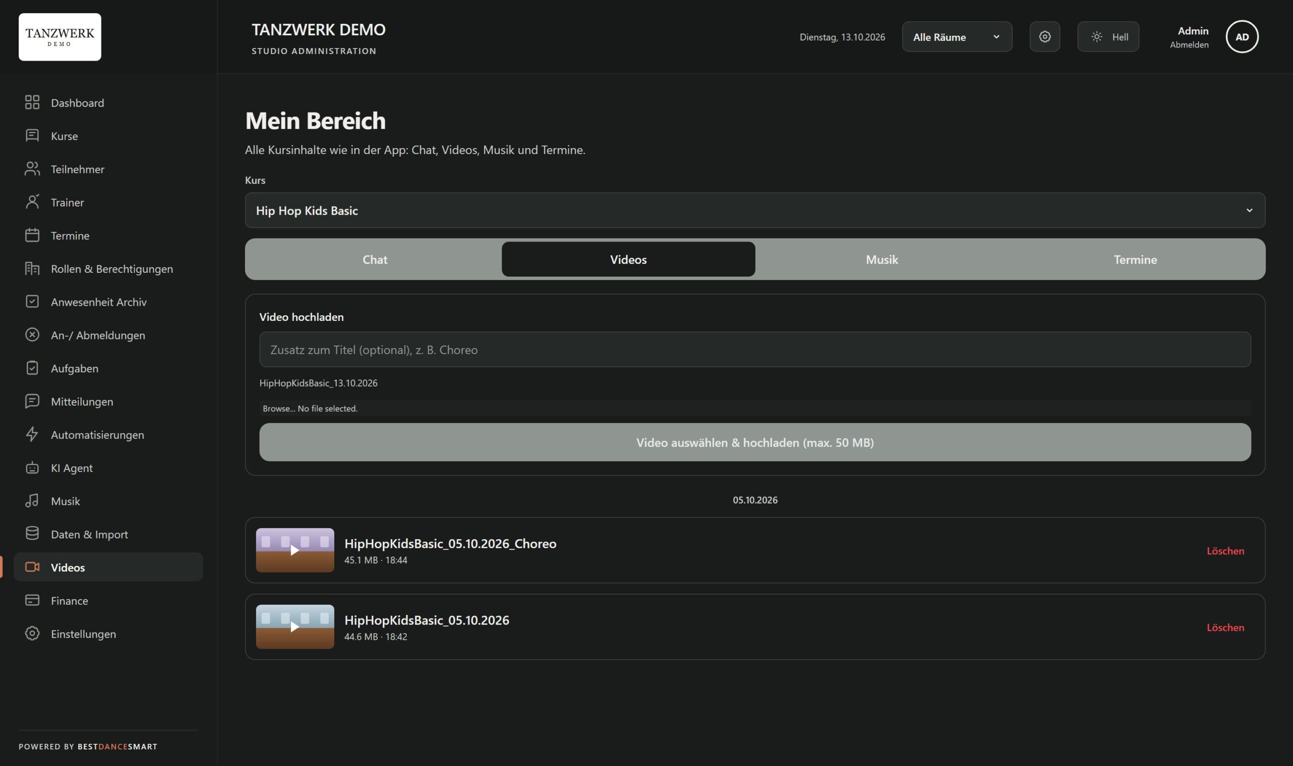 BestDanceSmart Screenshot – Mein Bereich – Kursinhalte wie in der App (Demo-Daten)
