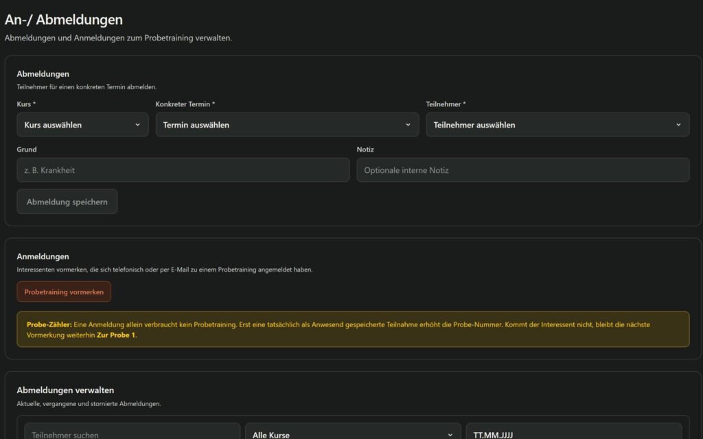 BestDanceSmart Screenshot – bds3 s abmeldungen (Demo-Daten)