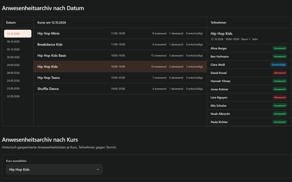 BestDanceSmart Screenshot – bds3 s anwesenheit (Demo-Daten)
