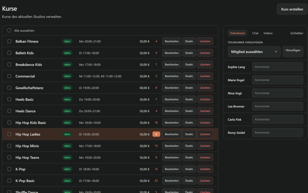 BestDanceSmart Screenshot – bds3 s kurse (Demo-Daten)