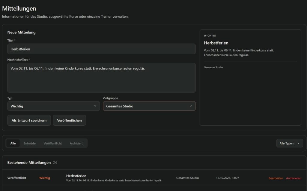 BestDanceSmart Screenshot – bds3 s mitteilungen (Demo-Daten)